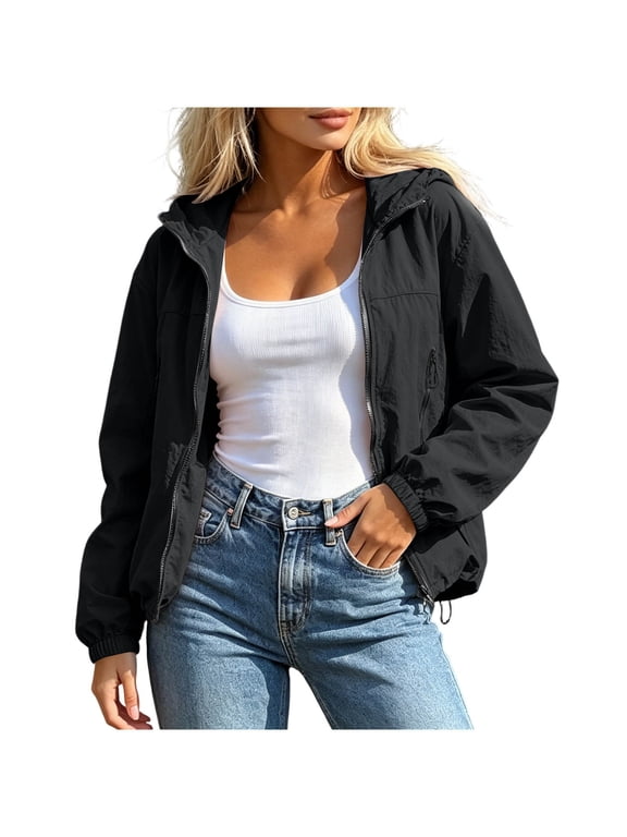 Womens Jackets Summer Lightweight Hooded Long Sleeve Sun Protection Jacket with Zipper Pockets