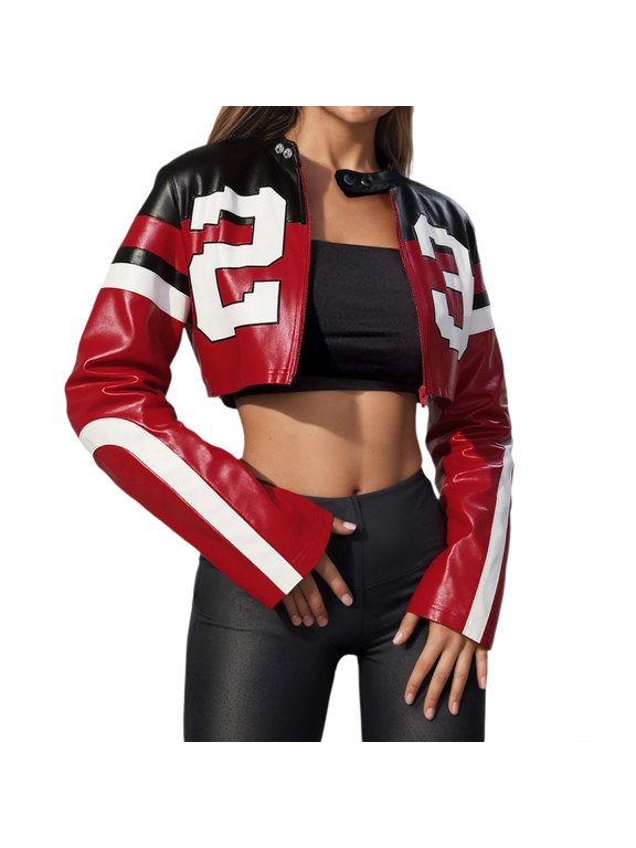 Womens Jackets Trendy Color Blocked Embroidered Motorcycle Slim Fit Faux Leather Cropped Lightweight Fall Winter Women'S Coats,Red,M
