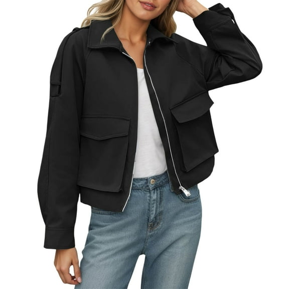 Womens Jackets Trendy Stylish Lightweight Casual Windbreaker Cropped Lightweight Fall Winter Womens Coat,Black,XL