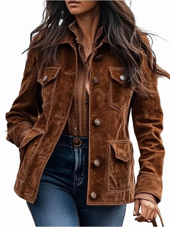 Womens Jackets Up Snap Buttons Parka Utility Coats Outwear with Pocket Brown M