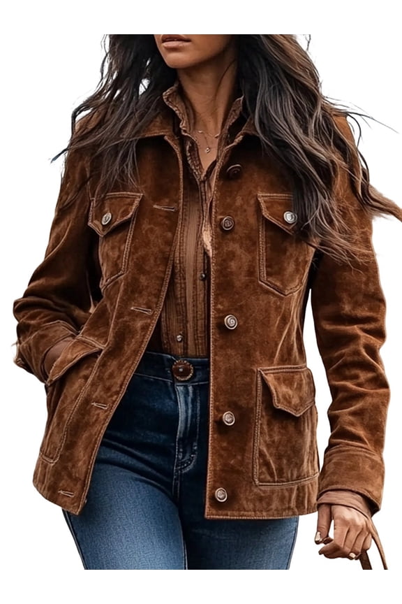 Womens Jackets Up Snap Buttons Parka Utility Coats Outwear with Pocket Brown M