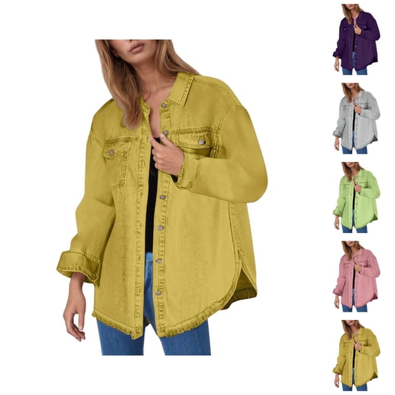 Womens Jackets Winter Jackets for Women Women's Fashion Denim Long Sleeve Button Down Jacket Pure Color Mid Length European & Style