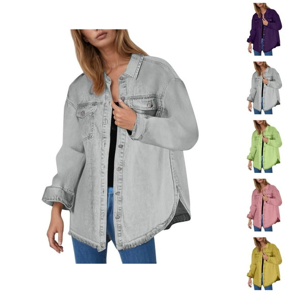 Womens Jackets Winter Jackets for Women Women's Fashion Denim Long Sleeve Button Down Jacket Pure Color Mid Length European & Style