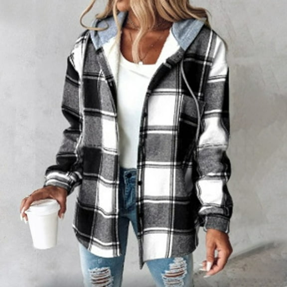 Womens Jackets Winter Plaid Sherpa Lined Fluffy Coat Puffy Classic Loose Button Down Outerwear Black L