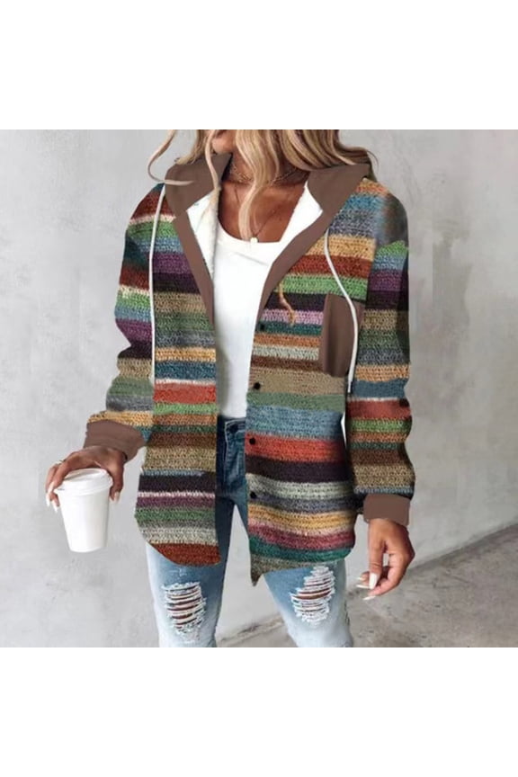 Womens Jackets Winter Plaid Sherpa Lined Fluffy Coat Puffy Classic Loose Button Down Outerwear Brown 3XL