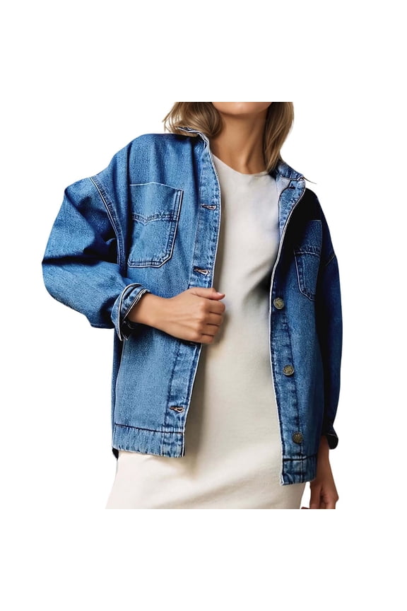 Womens Jackets Women's Outerwear Women's Retro Classic Long Sleeve Baggy Button Pocket Denim Shirt Jacket