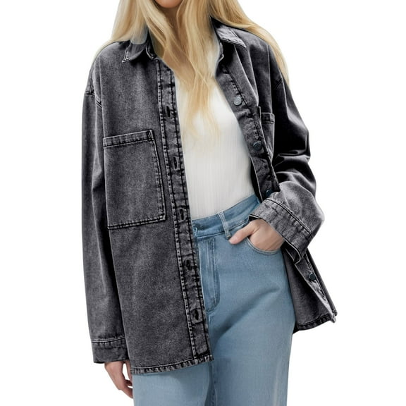 Womens Jackets Women's Outerwear Women's Retro Long Sleeved Denim Jacket - Blue Big Pocket Loose Casual Shirt, Autumn Winter Outerwear