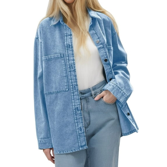 Womens Jackets Women's Outerwear Women's Retro Long Sleeved Denim Jacket Blue Big Pocket Loose Casual Shirt