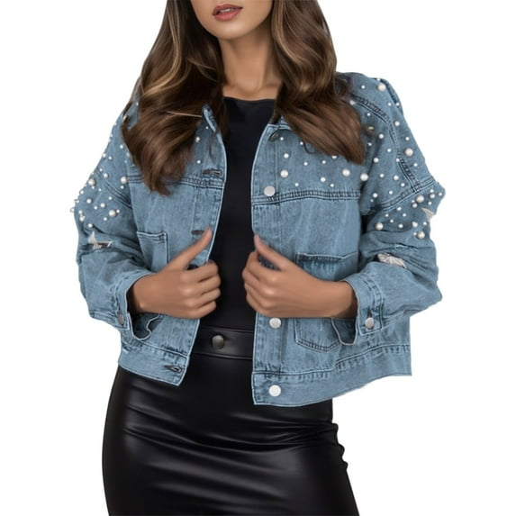 Womens Jackets Women's Outerwear Womens Casual Jacket Loose Pocket Button Pearl Denim Jacket