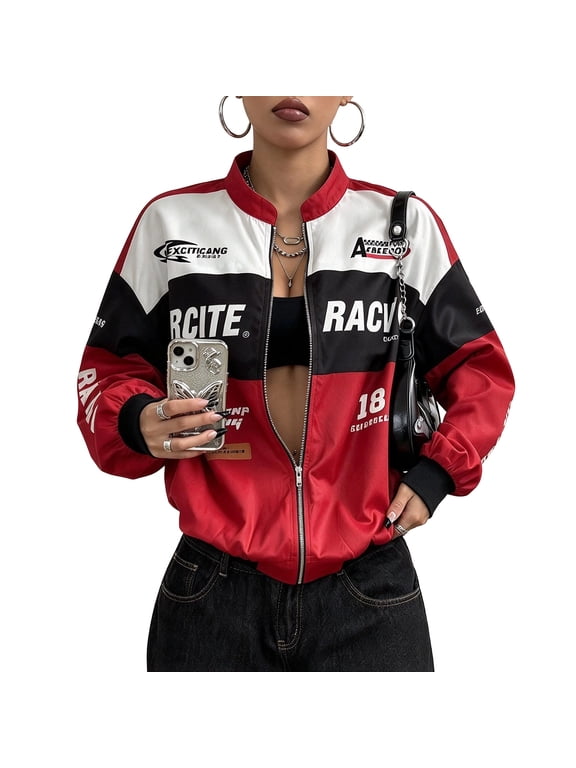 Womens Jackets Zip Up Long Sleeve Color Block Fall Racing Jackets Race Car F1 Motorcycle Work Casual Fashion Bomber Coats Red XS