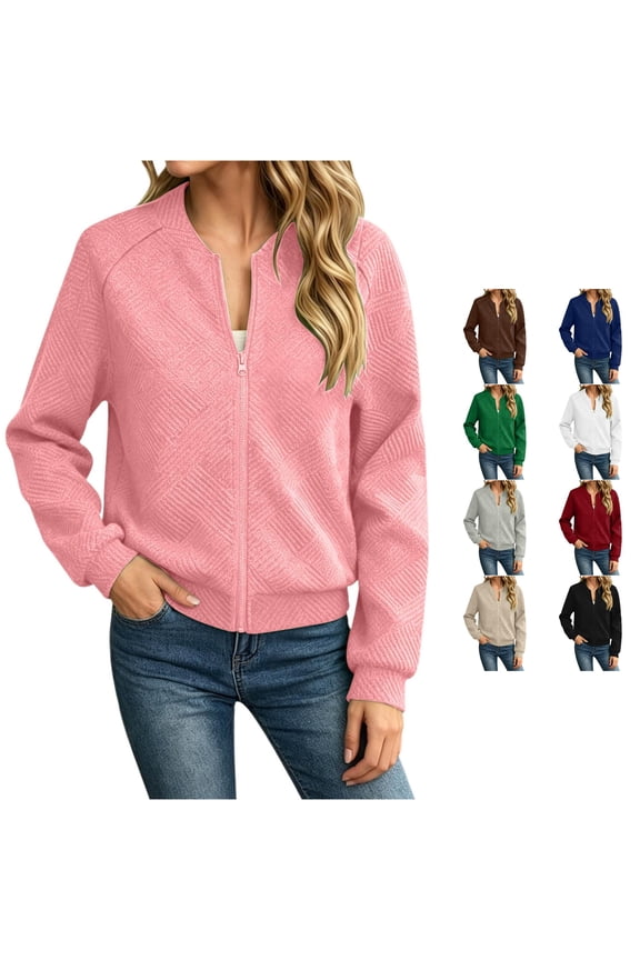 Womens Jacquard Pattern Zip Up Jackets Raglan Long Sleeve Casual Coat