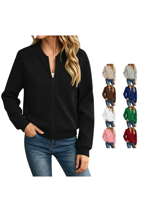 Womens Jacquard Pattern Zip Up Jackets Raglan Long Sleeve Casual Coat