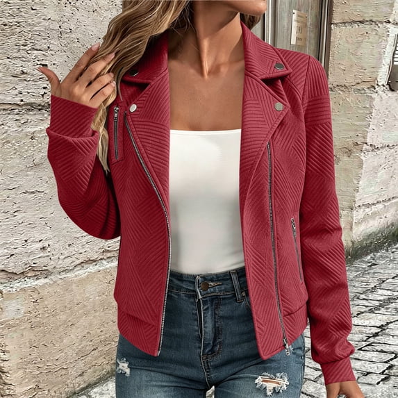 Womens Jacquard Textured Chevron Moto Jacket Lapel Collar Slim Short Biker Coat with Zip Pockets Casual Outerwear Wine L