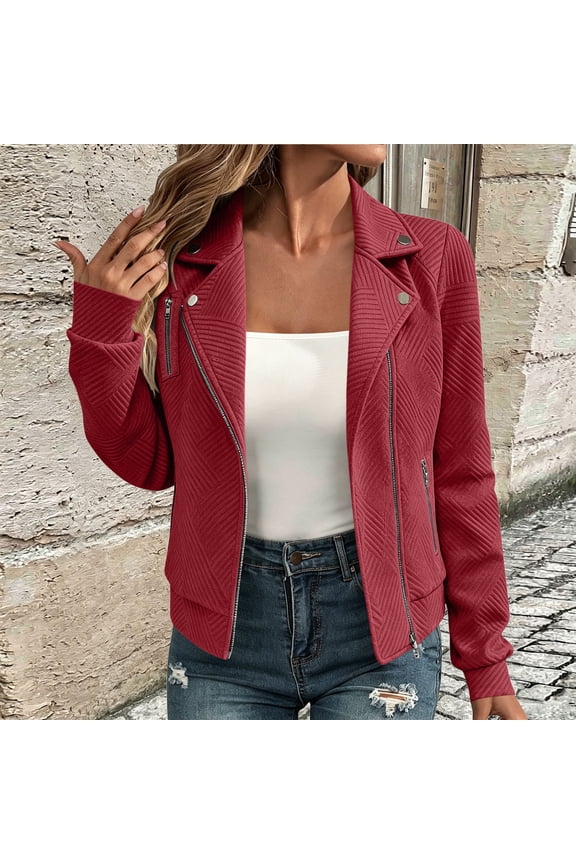 Womens Jacquard Textured Chevron Moto Jacket Lapel Collar Slim Short Biker Coat with Zip Pockets Casual Outerwear Wine XL