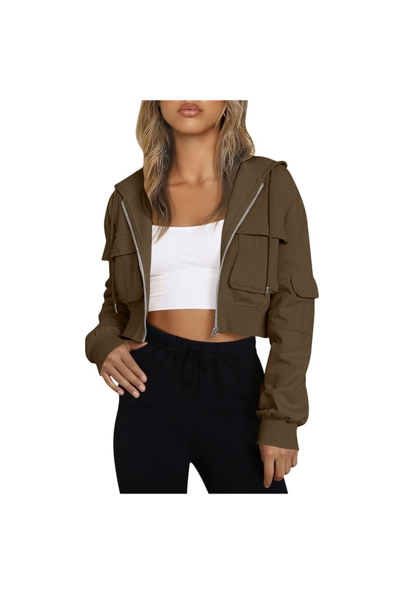 Women Cropped Jackets with Mutil Pockets Zip Up Open-Front Sweatshirt Wind Resistant Windbreaker Sweater Jacket Long Sleeve Jackets Winter Clothing Outfits