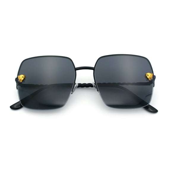 Womens Jaguar Head Stud Half Rim Metal Rim Oversized Rectangle Sunglasses All Black