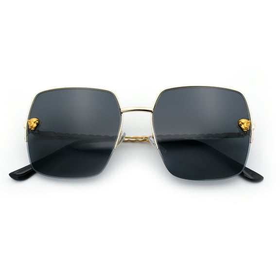 Womens Jaguar Head Stud Half Rim Metal Rim Oversized Rectangle Sunglasses Gold - Black