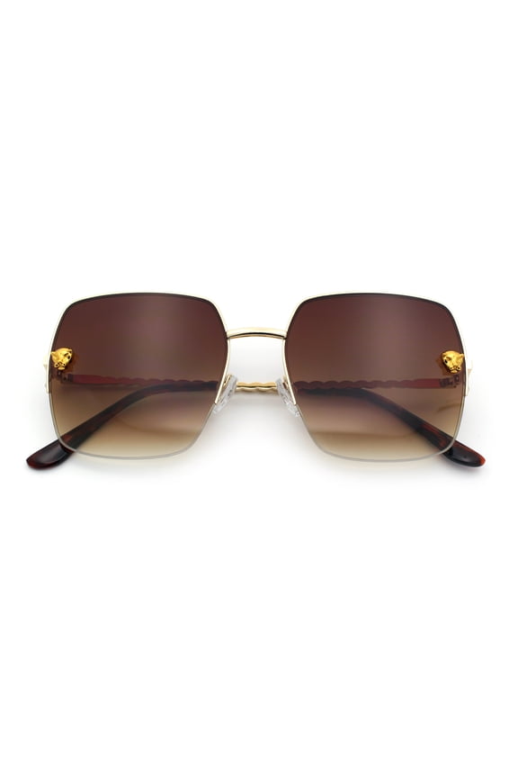 Womens Jaguar Head Stud Half Rim Metal Rim Oversized Rectangle Sunglasses Gold - Brown