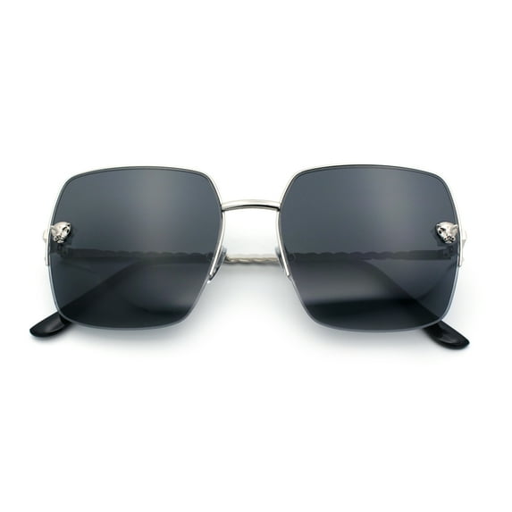 Womens Jaguar Head Stud Half Rim Metal Rim Oversized Rectangle Sunglasses Silver - Black