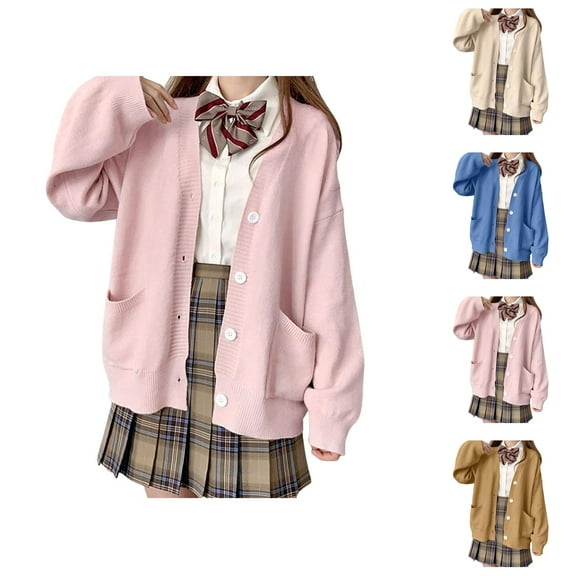 Womens Japanese Cute Knitted Cardigan Sweater Long Sleeve Button Down School Jacket Cardigan Sweaters for Women