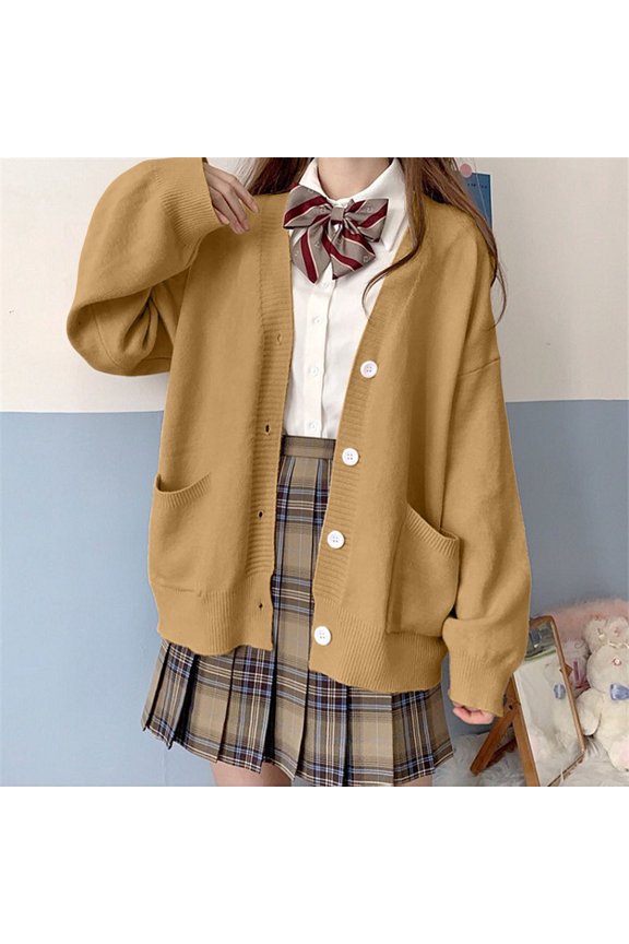 Womens Japanese Cute Knitted Cardigan Sweater Long Sleeve Button Down School Jacket Braid Front Cardigan Animal Print Kimono Long Cardigans for Women Knit Open Knit Tops for Women Long Wrap Winter