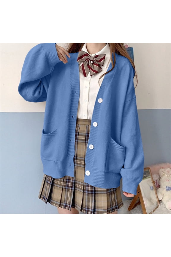 Womens Japanese Cute Knitted Cardigan Sweater Long Sleeve Button Down School Jacket Braid Front Cardigan Animal Print Kimono Long Cardigans for Women Knit Open Knit Tops for Women Long Wrap Winter