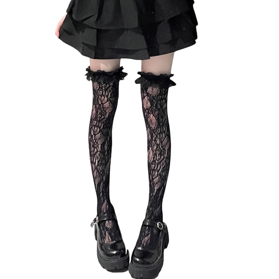 Womens Japanese Sheer Flower Lace Thigh Highs Stockings JK Sweet Ruffle Trim Frilly Over Knee Long Socks