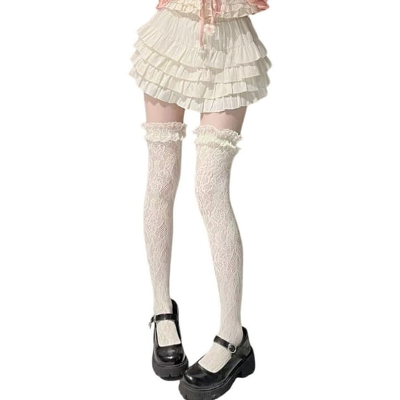 Womens Japanese Sheer Flower Lace Thigh Highs Stockings JK Sweet Ruffle Trim Frilly Over Knee Long Socks
