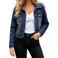 thumbnail image 1 of Womens Jean Jacket Basic Trendy Long Sleeve Denim Jackets Button Down Fitted Western Coat with Pockets Navy-A S(S), 1 of 9