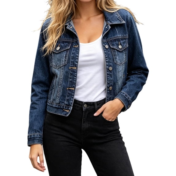 Womens Jean Jacket Basic Trendy Long Sleeve Denim Jackets Button Down Fitted Western Coat with Pockets Navy-A S(S)