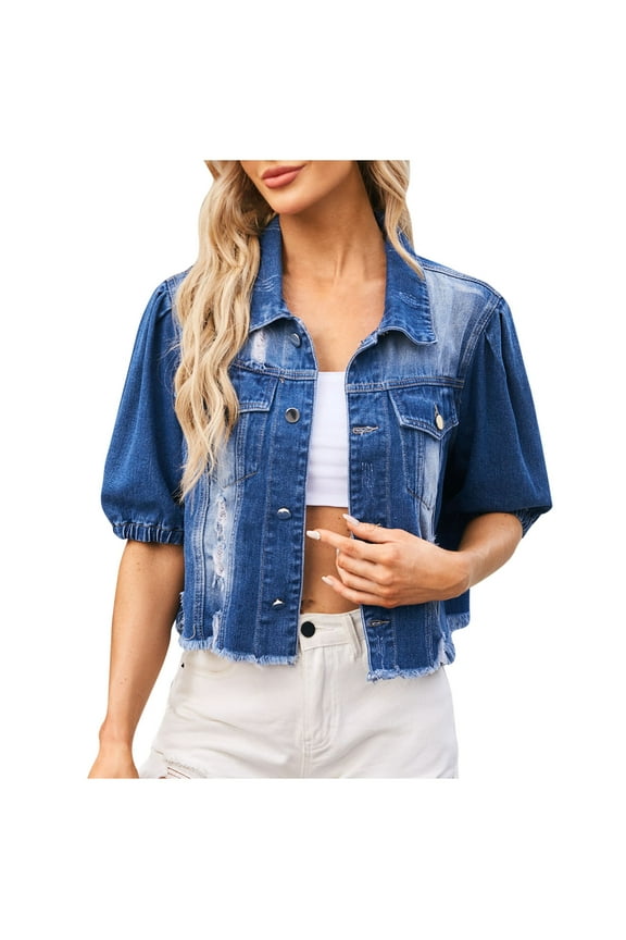 Womens Jean Jacket Cropped Denim Jackets Stretchy 3/4 Puff Sleeve Distressed Shacket Jackets with Pockets Long Sleeve Pullover for Women S-40 Blue M