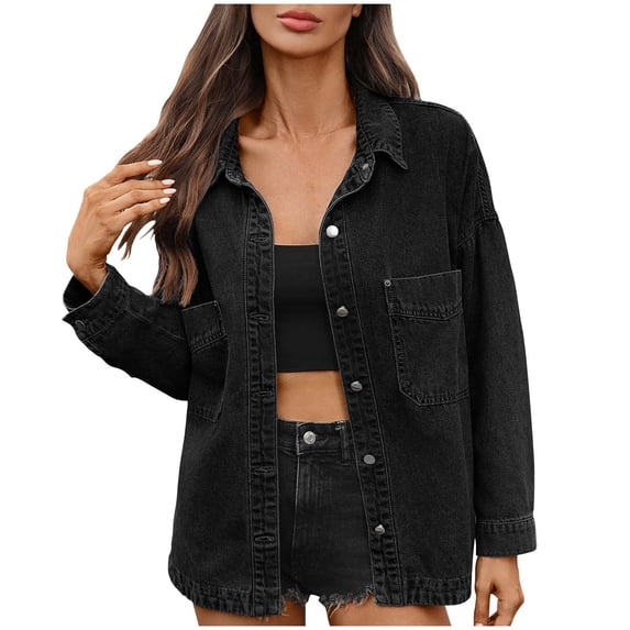 Womens Jean Jacket Denim Long Sleeve Oversized Button Down Shirts Trendy Coat Fall Fashion Winter Clothes Outfit