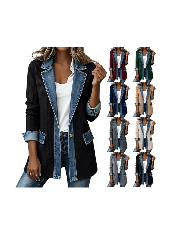 Womens Jean Jacket Patchwork Collared Single Button Down Denim Cardigan Long Sleeve Casual Front Jean Jackets Casual Daily Outerwear