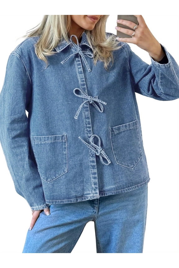 Womens Jean Jacket Tie Front Denim Shacket Tops Fall Fashion Long Sleeve Shirts Coat with Pockets