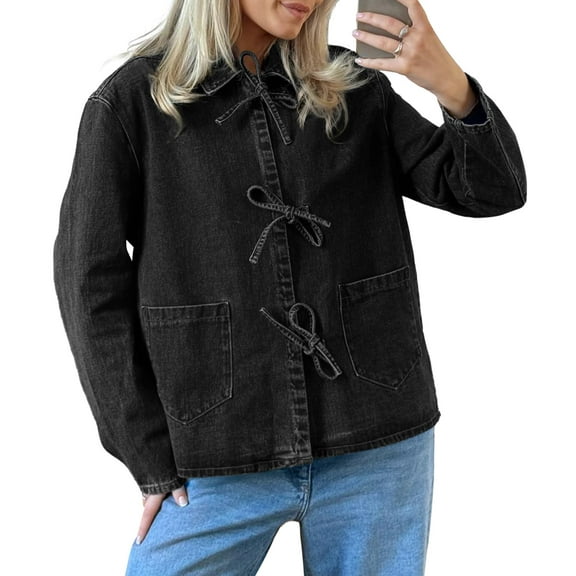Womens Jean Jacket Tie Front Denim Shacket Tops Fall Fashion Long Sleeve Shirts Coat with Pockets