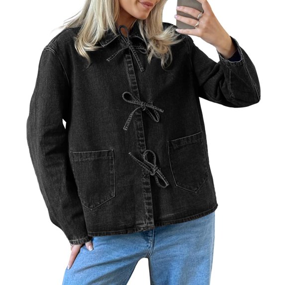 Womens Jean Jacket Tie Front Denim Shacket Tops Fall Fashion Long Sleeve Shirts Coat with Pockets