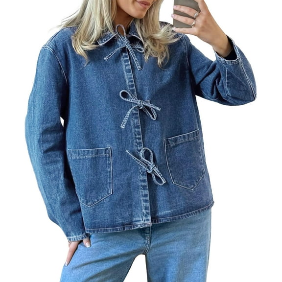 Womens Jean Jacket Tie Front Denim Shacket Tops Fall Fashion Long Sleeve Shirts Coat with Pockets