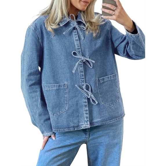 Womens Jean Jacket Tie Front Denim Shacket Tops Fall Fashion Long Sleeve Shirts Coat with Pockets