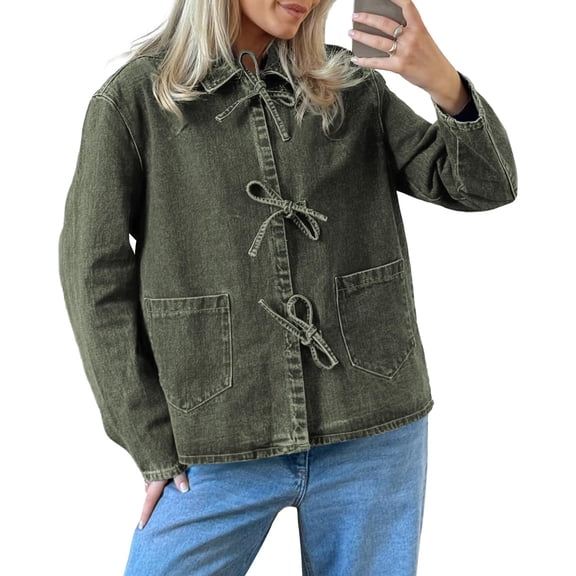 Womens Jean Jacket Tie Front Denim Shacket Tops Fall Fashion Long Sleeve Shirts Coat with Pockets