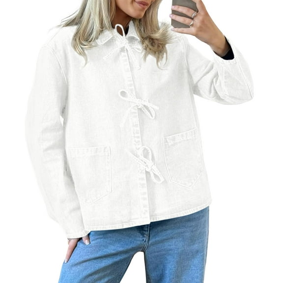 Womens Jean Jacket Tie Front Denim Shacket Tops Fall Fashion Long Sleeve Shirts Coat with Pockets