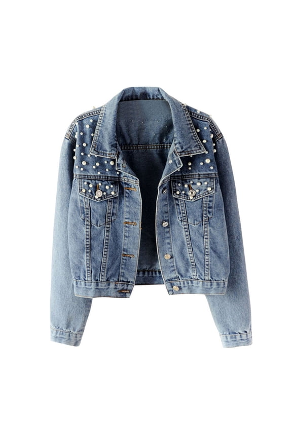 Womens Jean Jacket Women's Blue Long Sleeve Jacket Pocket Beading Casual Short Outwear Coat Denim Jacket for Women S-208 Blue 3XL