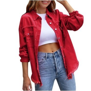 Womens Jean Jacket Women's Ripped Distressed Frayed Denim Jacket Oversized Long Sleeve Button Front Boyfriend Jean Jacket Coat Western Shacket Fall Jackets for Women 2023