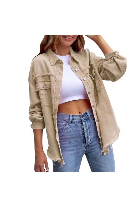 Womens Jean Jacket Women's Ripped Distressed Frayed Denim Jacket Oversized Long Sleeve Button Front Boyfriend Jean Jacket Coat Western Shacket Fall Jackets for Women 2023