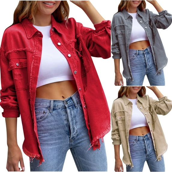 Womens Jean Jacket Women's Ripped Distressed Frayed Denim Jacket Oversized Long Sleeve Button Front Boyfriend Jean Jacket Coat Western Shacket Fall Jackets for Women 2023