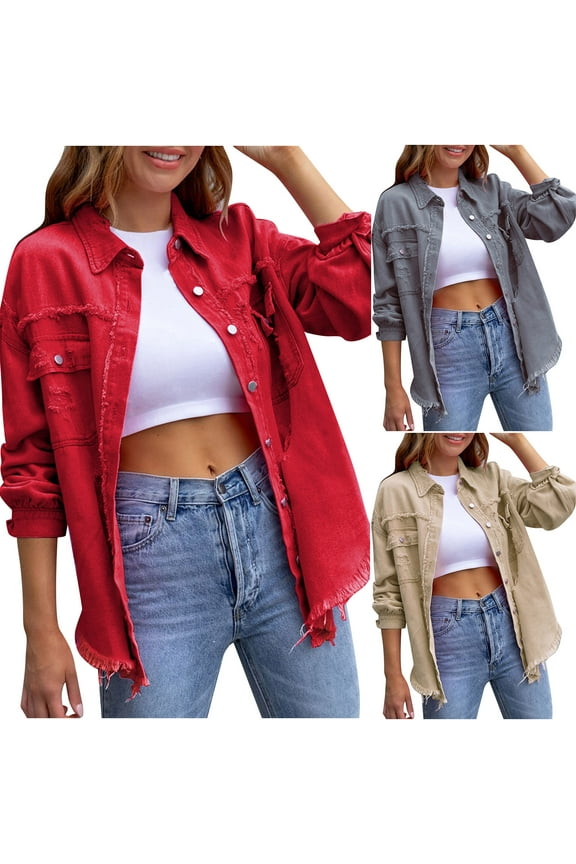 Womens Jean Jacket Women's Ripped Distressed Frayed Denim Jacket Oversized Long Sleeve Button Front Boyfriend Jean Jacket Coat Western Shacket Fall Jackets for Women 2023