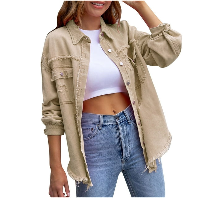 Womens Jean Jacket Women's Ripped Distressed Frayed Denim Jacket Oversized Long Sleeve Button Front Boyfriend Jean Jacket Coat Western Shacket Fall Jackets for Women 2023