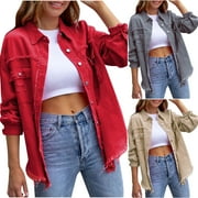FAKKDUK Womens Jean Jacket Women's Ripped Distressed Frayed Denim Jacket Oversized Long Sleeve Button Front Boyfriend Jean Jacket Coat Western Shacket Fall Jackets for Women 2023