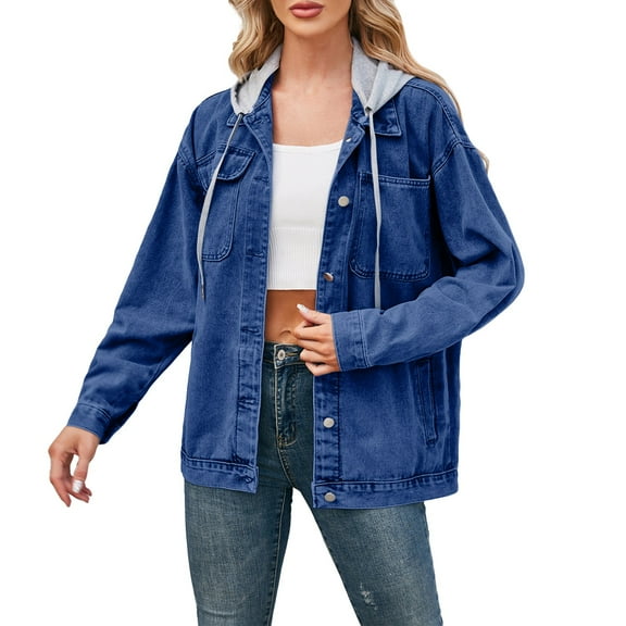 Womens Jean Jacket, Yigetop Women's Retro Casual Denim Jacket Oversized Button Up Top Long Sleeved Loose Collar Washed Denim Short Top Oversized Jean Jacket for Women Dark Blue M