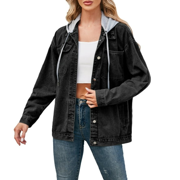 Womens Jean Jacket, Yigetop Women's Retro Casual Denim Jacket Oversized Button Up Top Long Sleeved Loose Collar Washed Denim Short Top Oversized Jean Jacket for Women Black S