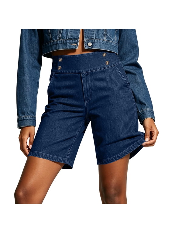 Womens Jean Shorts High Waisted Denim Bermuda Shorts Pull On Elastic Waist Summer Casual Stretchy Denim Jorts